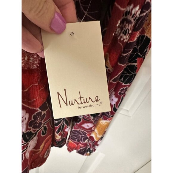 Floral Long Sleeve Blouse W Shirred Neckline & Tie Detail By Nurture Large NWT - Picture 5 of 12